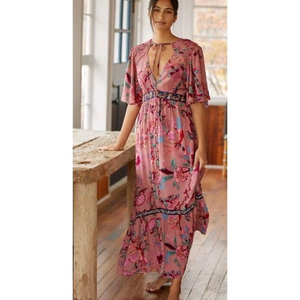 NWT by Anthropologie Floral V-Neck Ruffled Embroidered Boho Maxi Dress SP - Picture 13 of 13